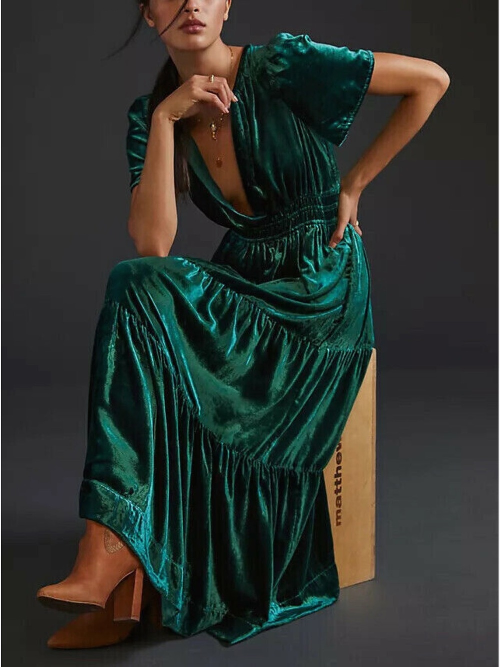 Anthropologie Green Velvet Maxi Dress XS Puff Sleeve Romantic Holiday Romantic
